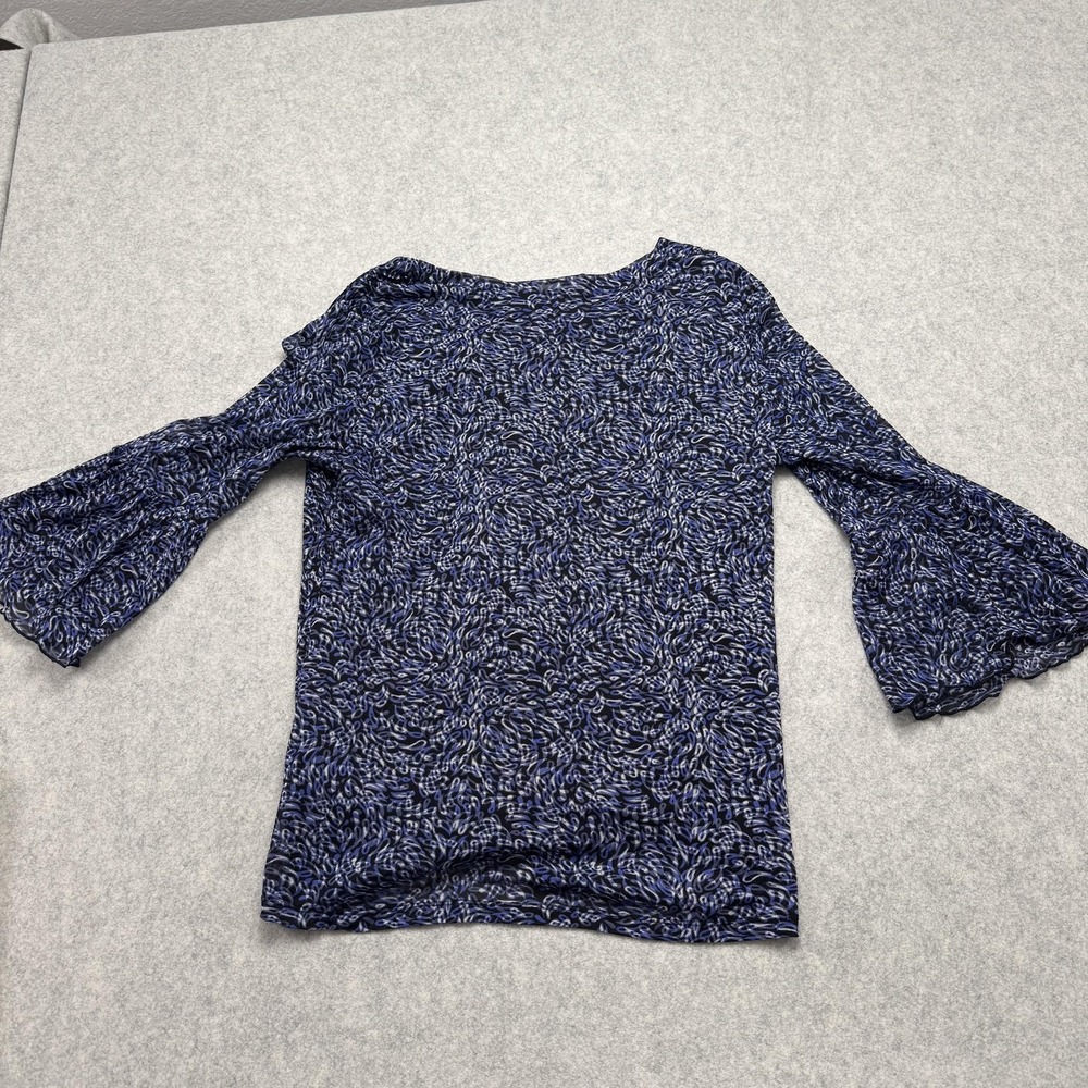 Worthington Blouse Womens XL Blue Geometric Bell 3/4 Sleeve V Neck Top - Picture 7 of 10